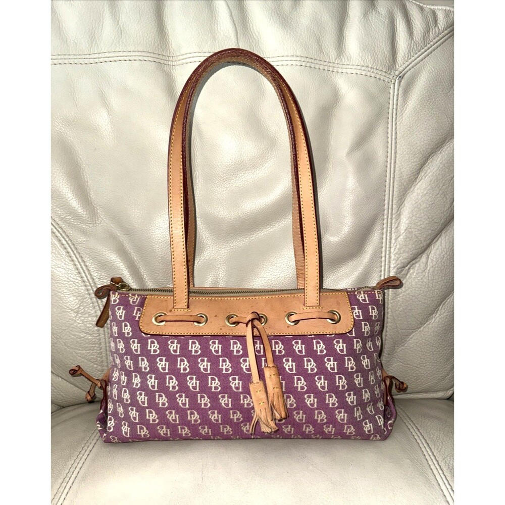 Dooney & Bourke Tote Bag Canvas Monogram Tassel Zip Top Leather Pink Y2K